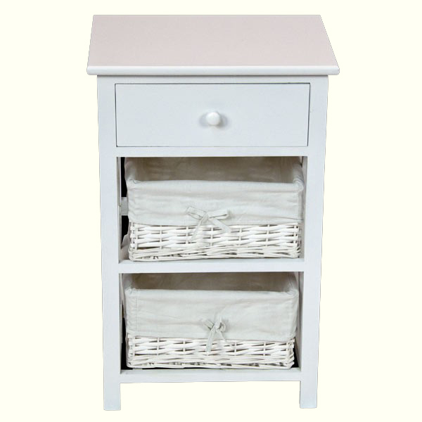 White Bedside Cabinet With 1 Drawer & 2 Baskets